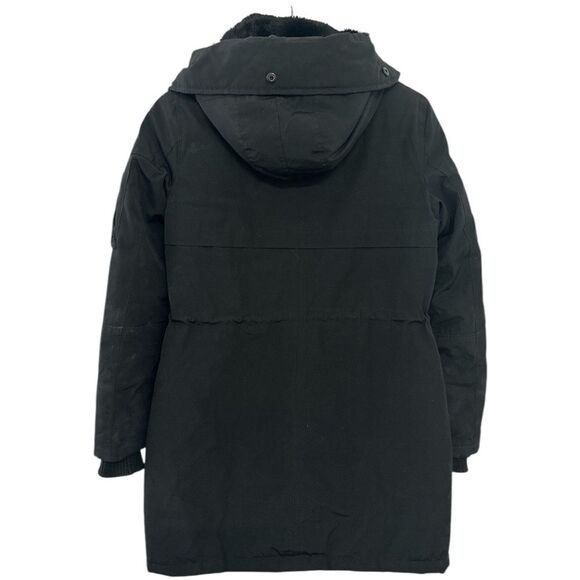 BCBG Black Parka XS Mid-Length Faux Fur Hood Designer Luxury Puffer Coat Jacket - Picture 2 of 4